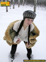Pissing outdoor in the snow in winter day