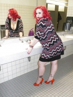 April washes her feet in the ladys room