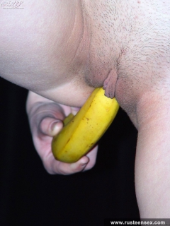 Russian teen masturbates her shaved pussy with banana - N