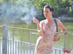 Amateur brunette babe Mina outdoor sexy smoke session - N