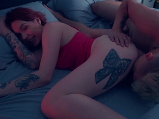 Step mom in crimson lingerie takes step son's sofa for