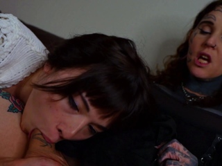 TGIRLS PORN Tattooed Trans Duo Couch Fuck