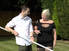 Pool boy gets lucky with busty granny in bedroom