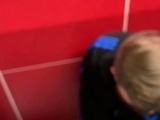 Spying on a blond guy cumming in the toilet