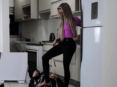 Light femdom and foot fetish play with brunette