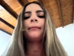 Busty curly brunette with big boobs fucks on couch